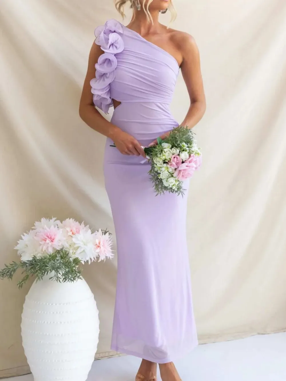 Ruched One-Shoulder Sleeveless Floral Maxi Dress