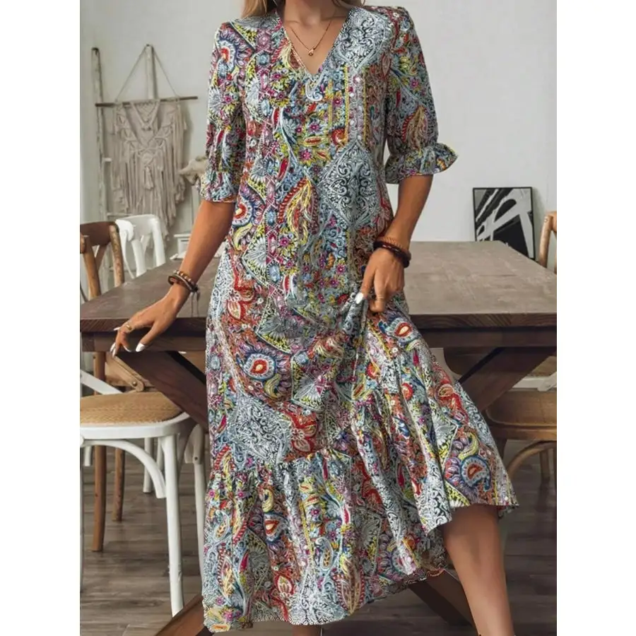 Full Size Bohemian Paisley V-Neck Midi Dress Plus Size
