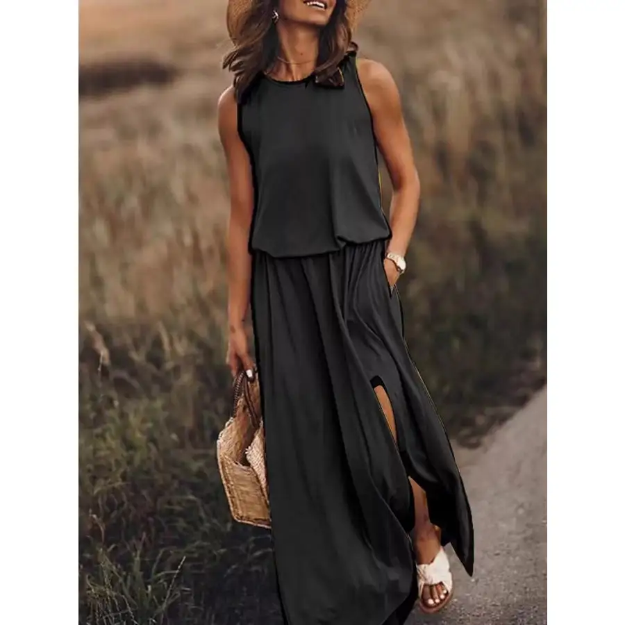 Full Size Round Neck Sleeveless Slit Maxi Dress Plus Size