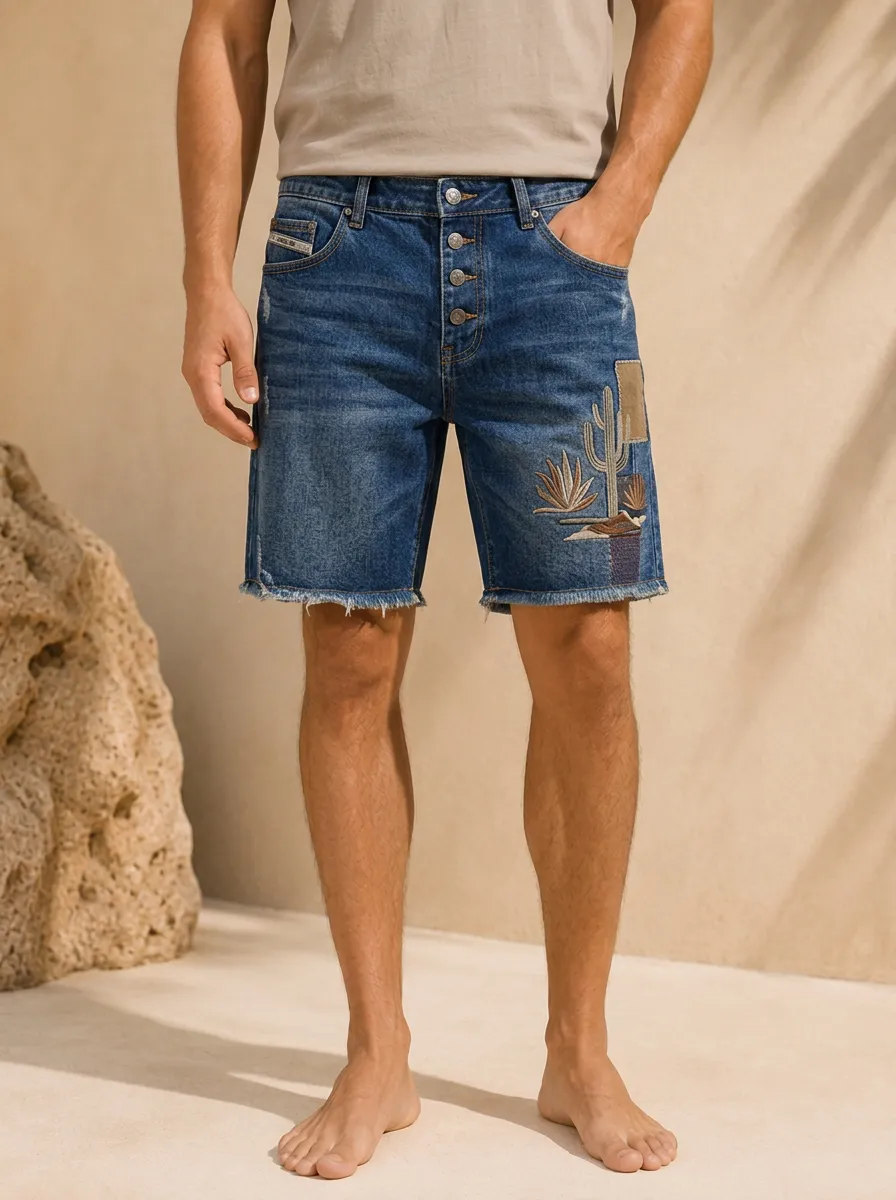 Men's Desert Lover Cactus Embroidered Raw Hem Denim Shorts