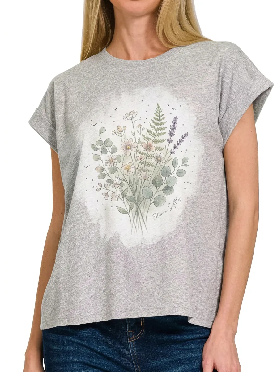 Women's Nature Lover Wildflower Bouquet Bloom Softly Printed T-shirt