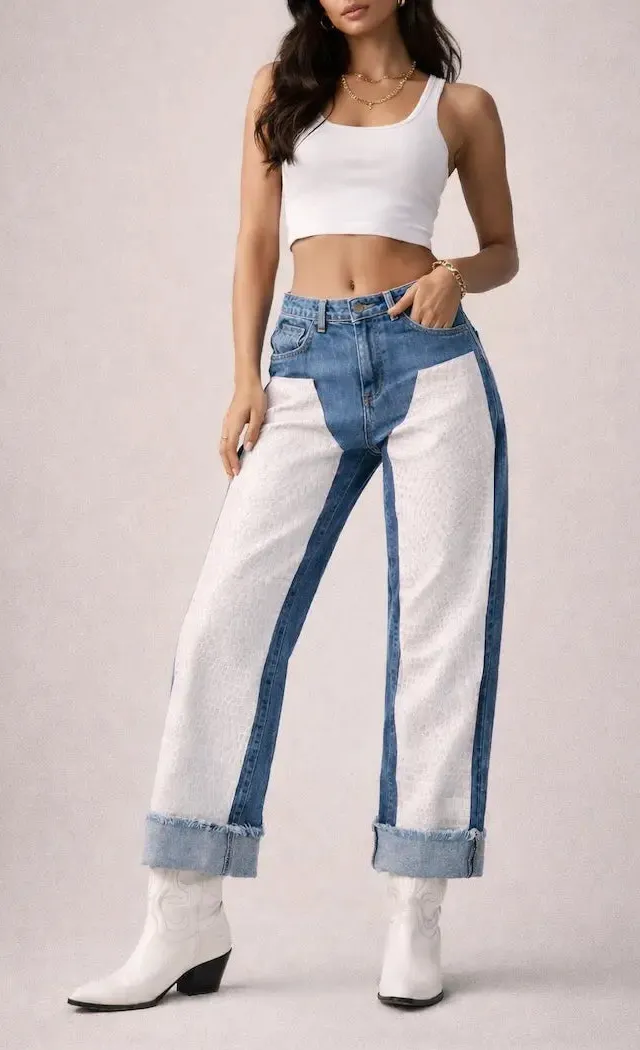 Low Rise Wide Leg Cuffed Crocodile Texture Western Style Denim Jeans