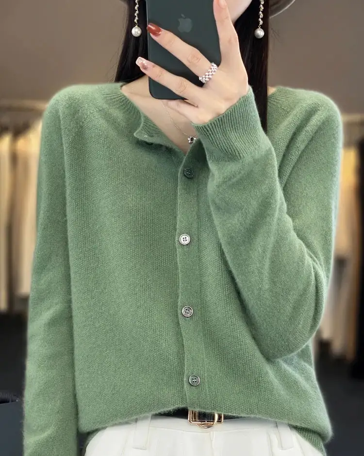 Refined Wool Button-Front Round-Neck Cardigan