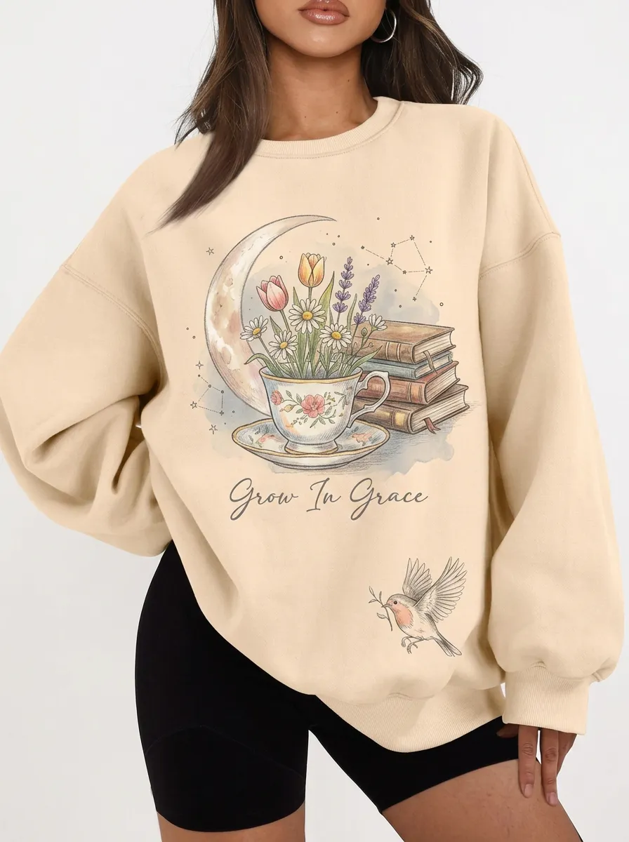 Women's Book Lover Floral Teacup Moon Printed Sweatshirt