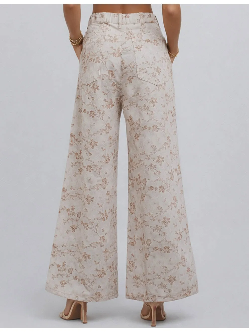 Rhinestone Jacquard Jeans Button Waist Wide Leg Denim Pants