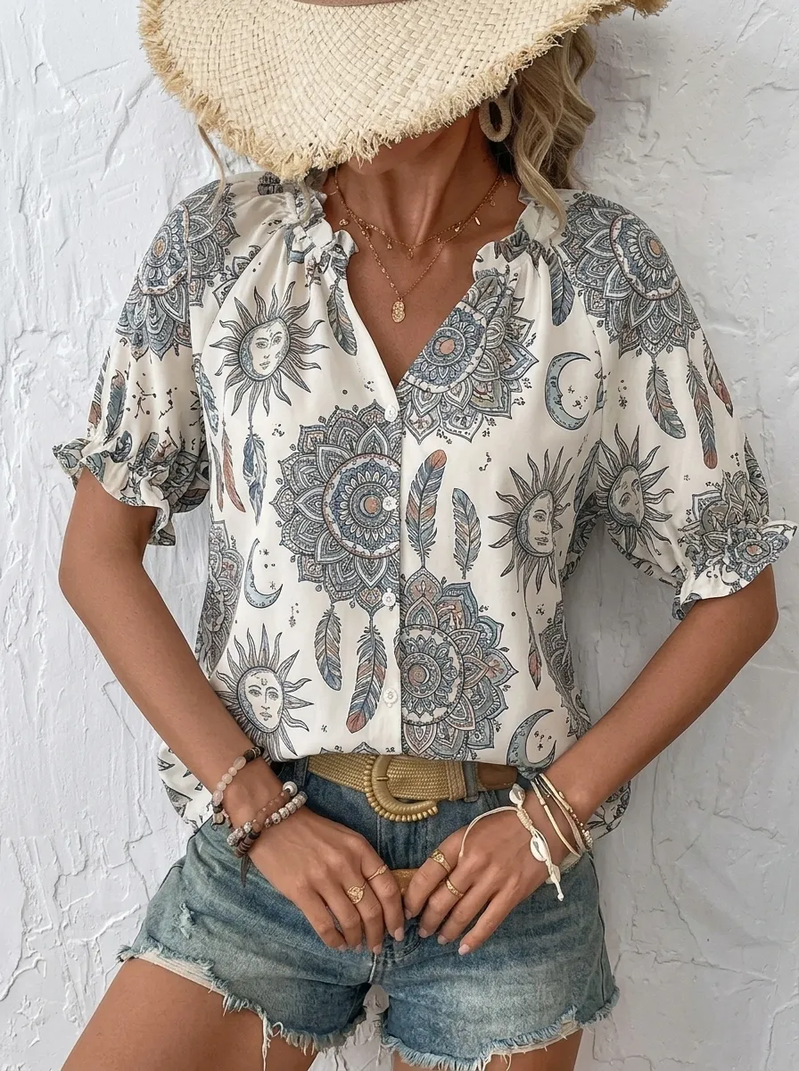 Women's Boho Sun Moon Mandala Feather Printed Blouse