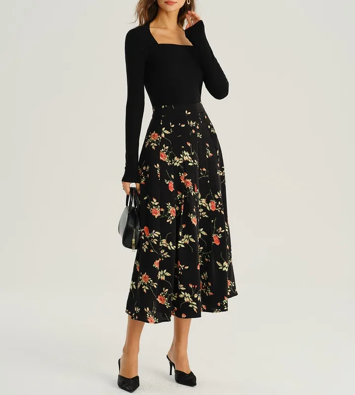 Black Floral A Line Midi Skirt
