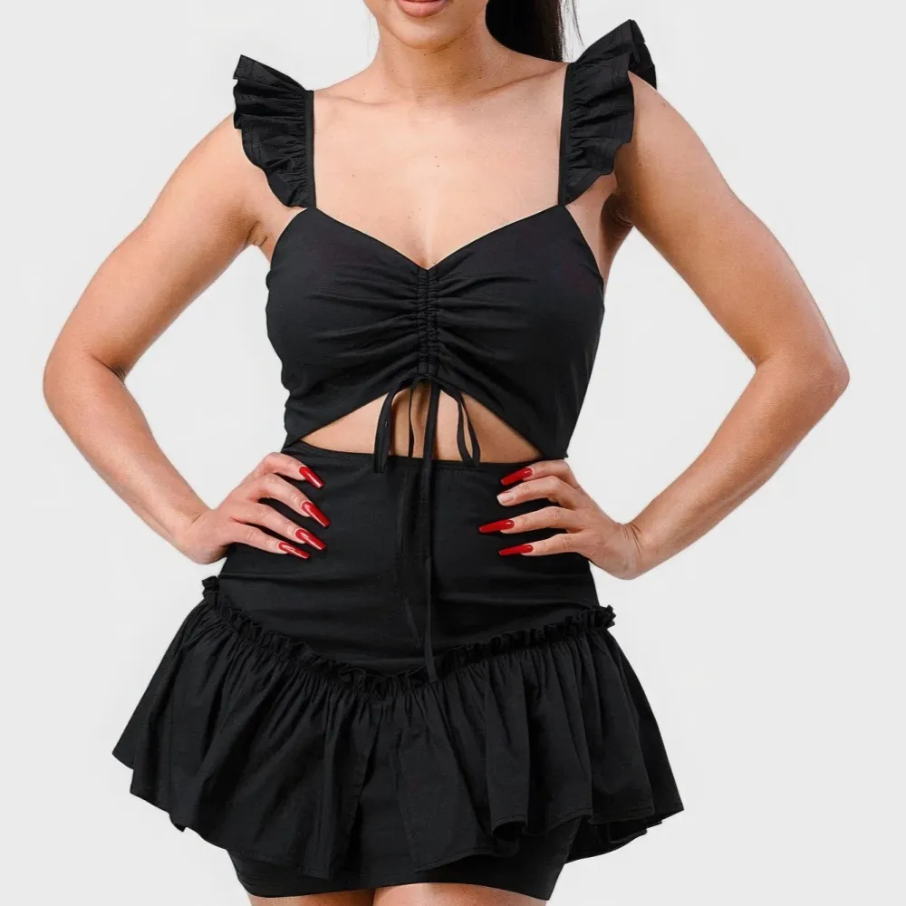 Sweetheart With Drawstring Bow Cutout Ruffled Flutter Sleeves Mini Dress
