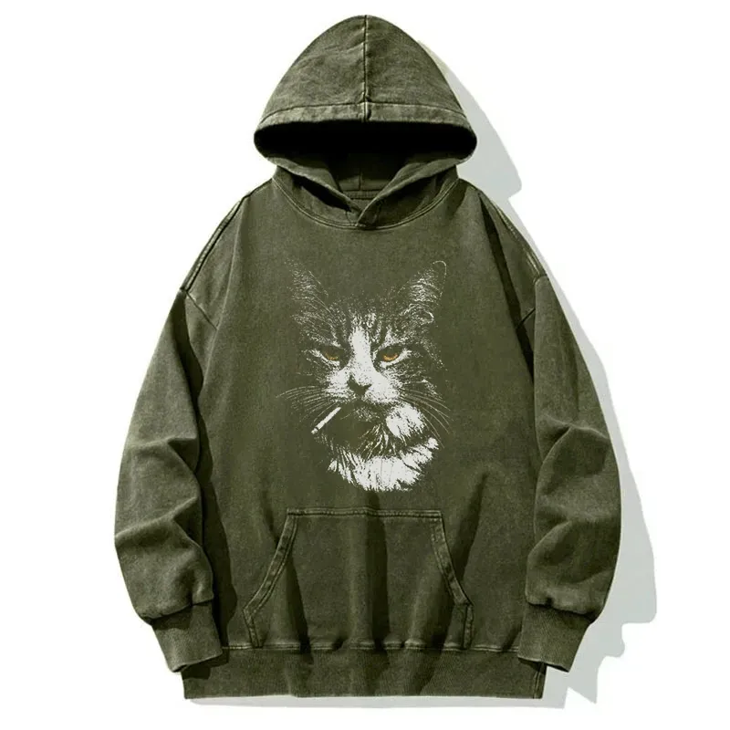 Cool Cat Smoking Washed Hoodie