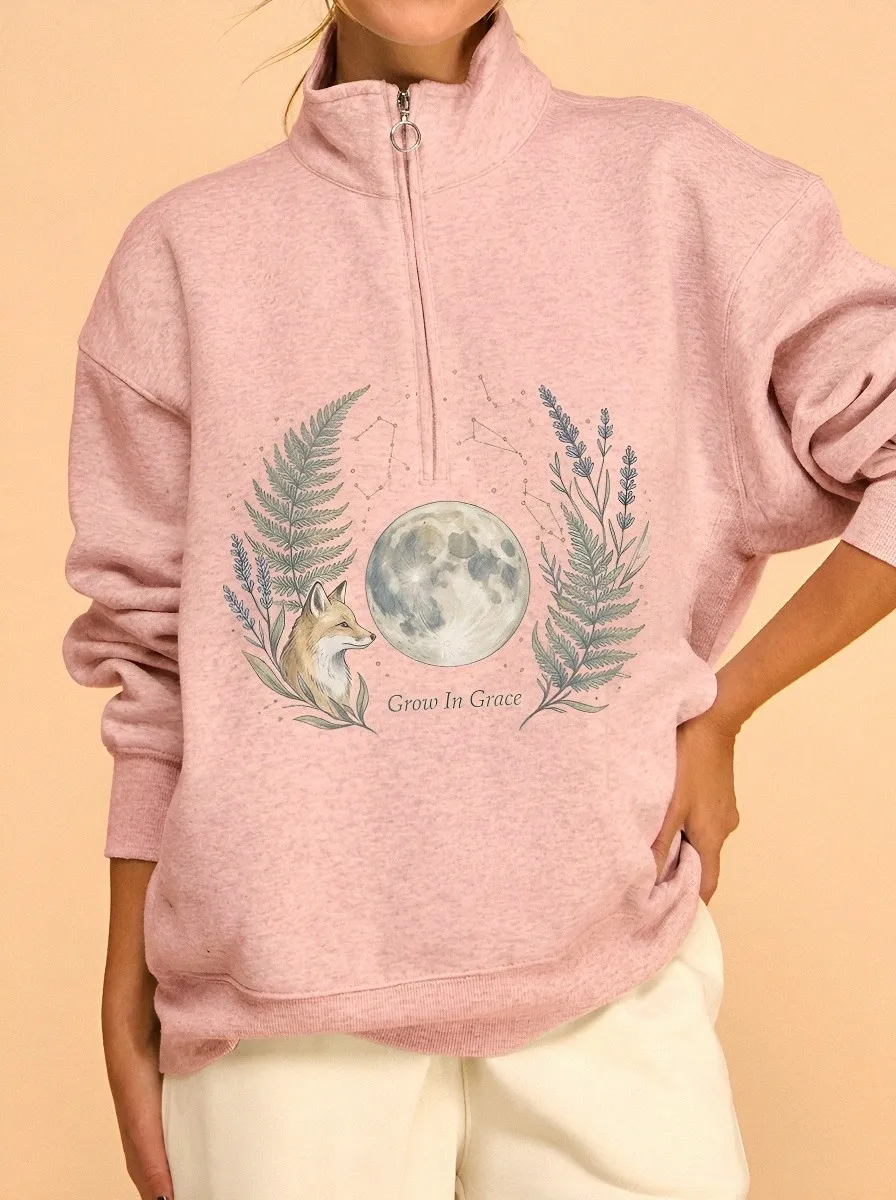 Women's Celestial Fox Moon Fern Printed Quarter Zip Sweatshirt