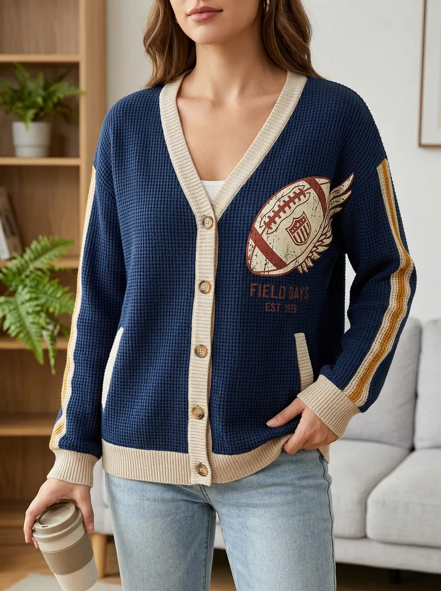 Women's Football Lover Winged Ball Printed Waffle Knit Cardigan