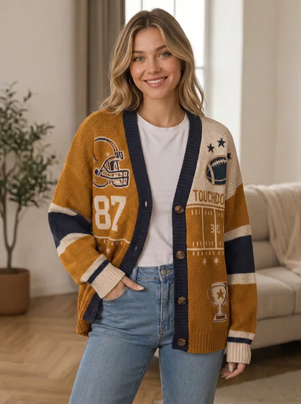 Women's Classic Retro Inspired Gridiron Helmet Trophy Ball Knit Cardigan