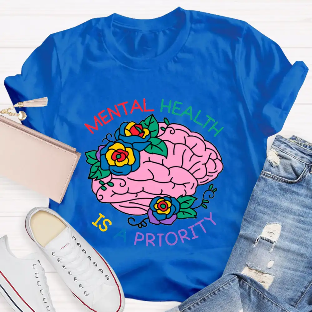 Mental Health Is A Priority Floral Brain T-Shirt