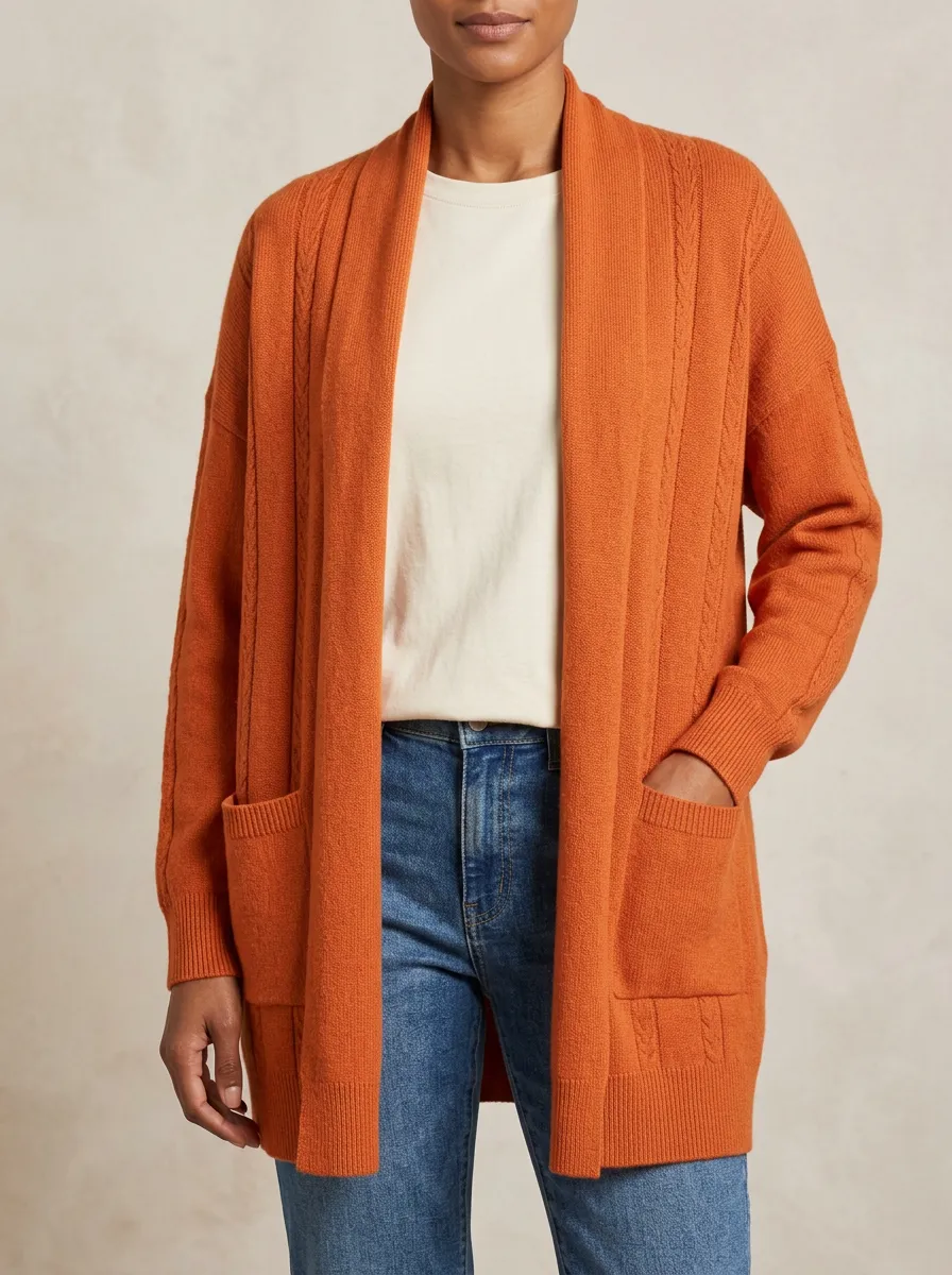 Cable-Knit Open-Front Knit Cardigan
