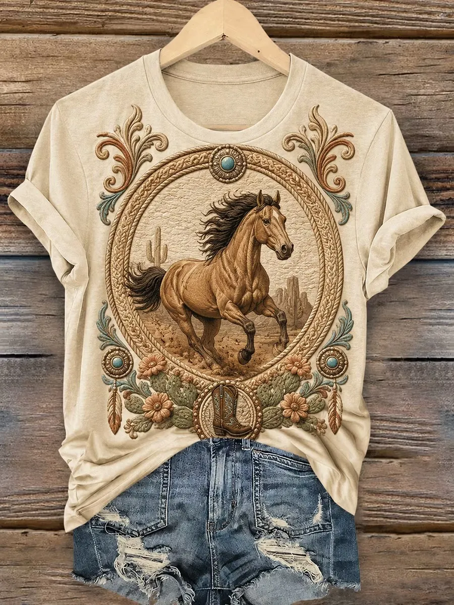 Vintage Horse Art Print Casual T-Shirt