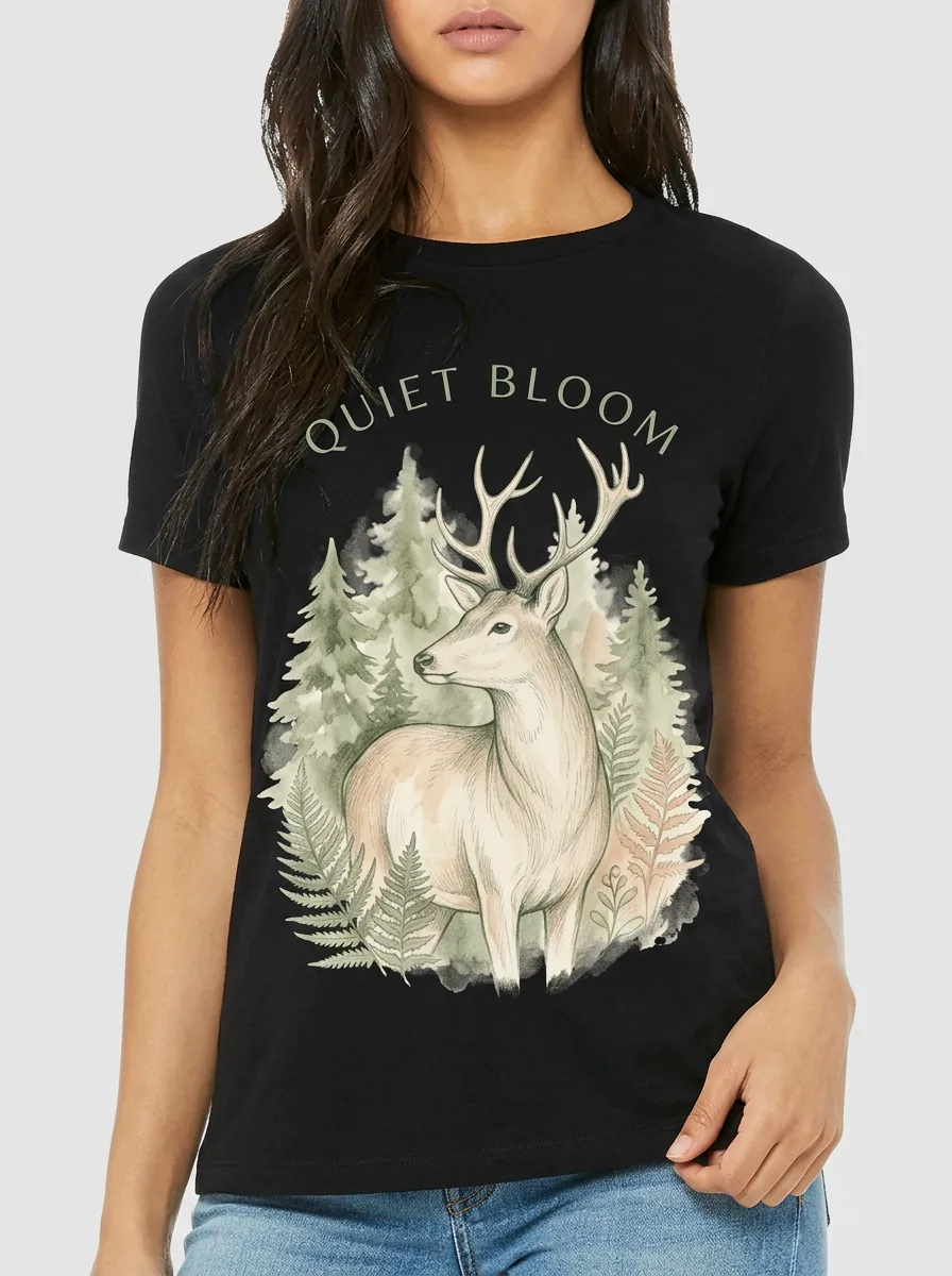 Women's Nature Lover Quiet Bloom Deer Forest Printed T-shirt