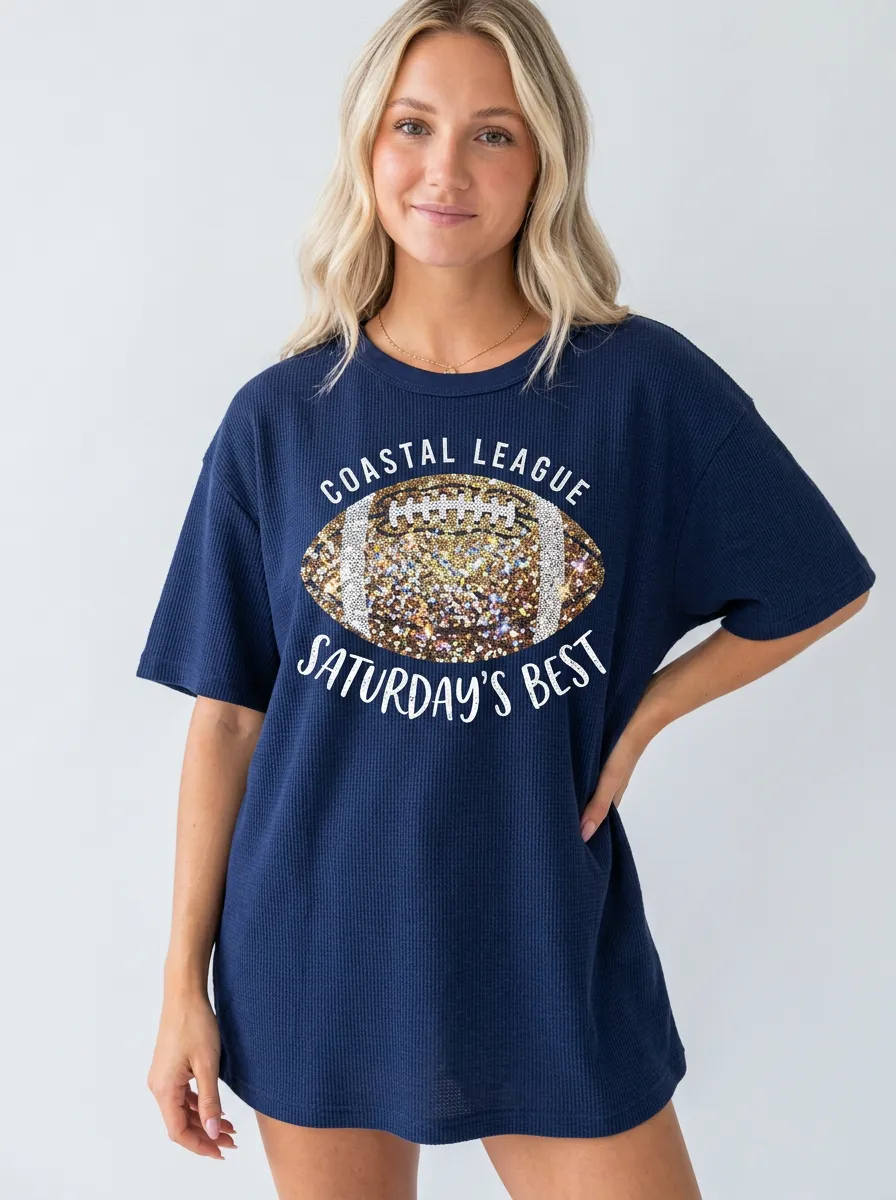 Women's Retro Inspired Gridiron Ball Sparkle Graphic T-Shirt