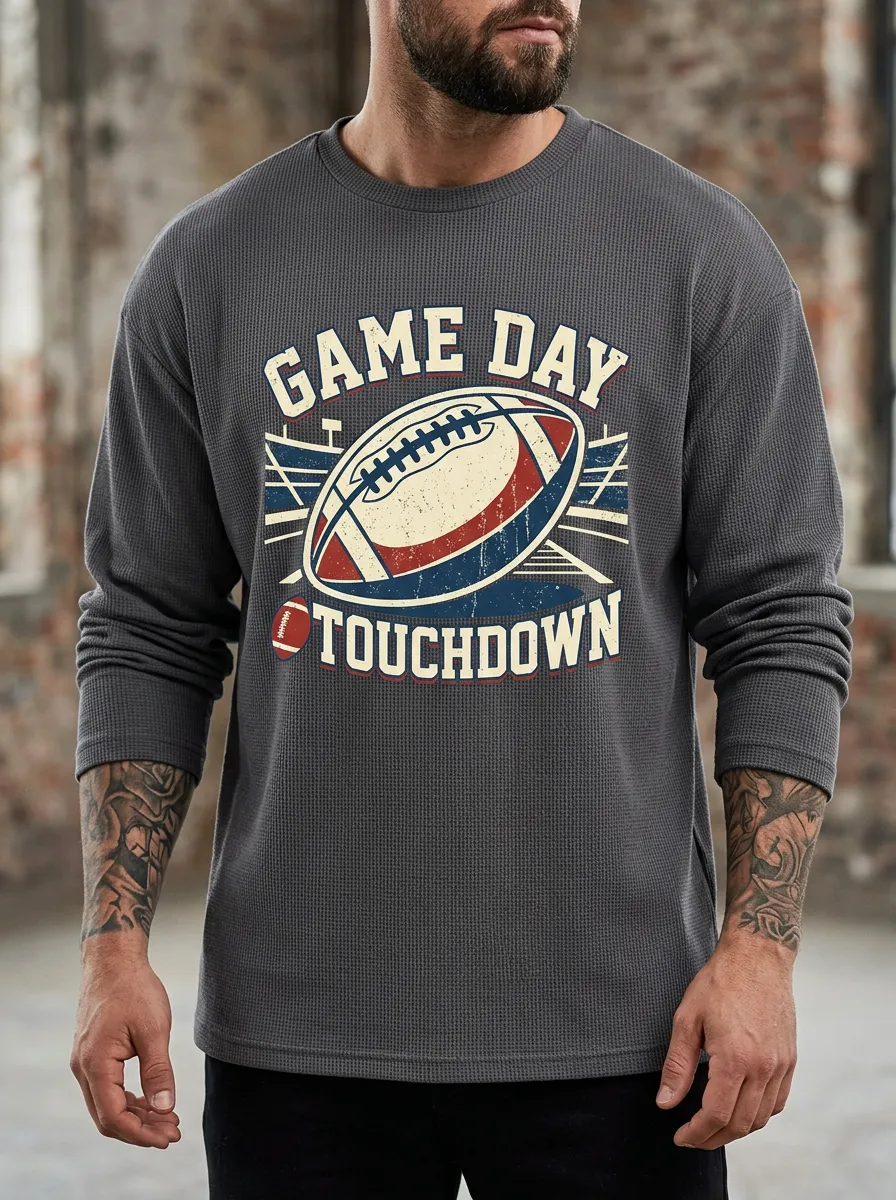 Men's American Football Game Day Touchdown Printed Waffle Long Sleeve T-Shirt