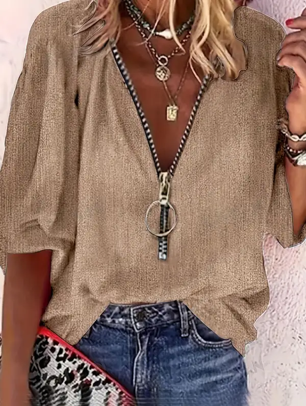 Zip V Neck Short Sleeve Tee