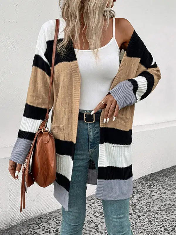 Long-Sleeve Knit Striped Pocketed Cardigan