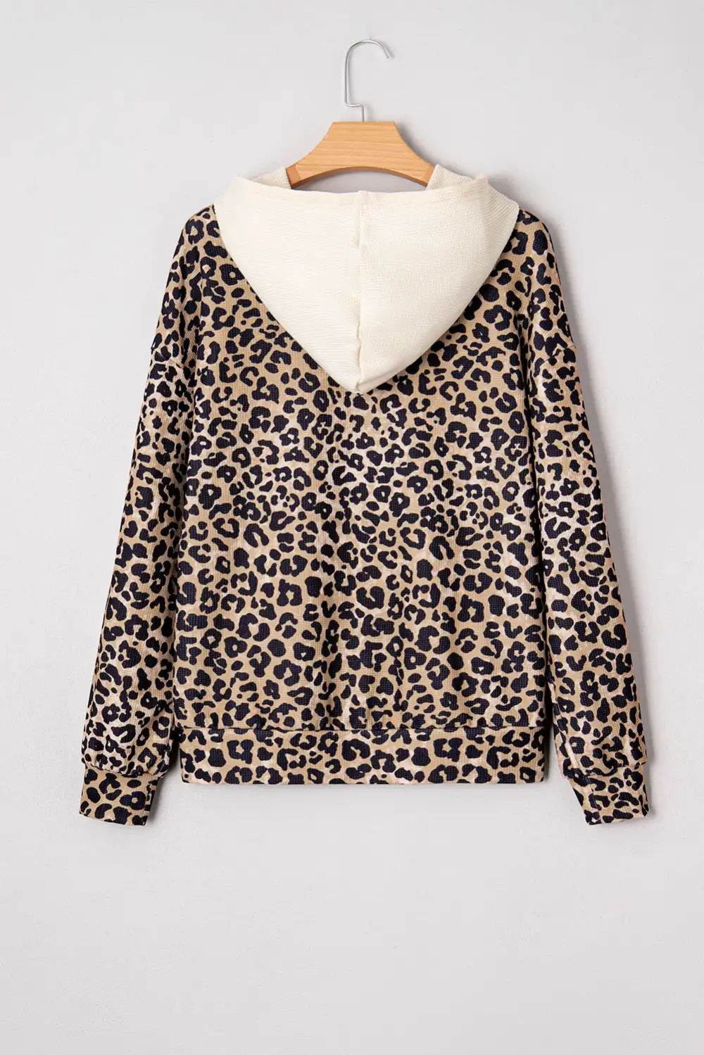 Kangaroo-Pocket Waffle-Textured Knit Leopard-Print Sweatshirt
