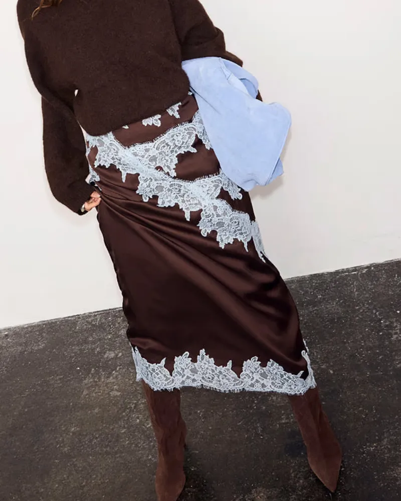 Satin Lace Midi Skirt