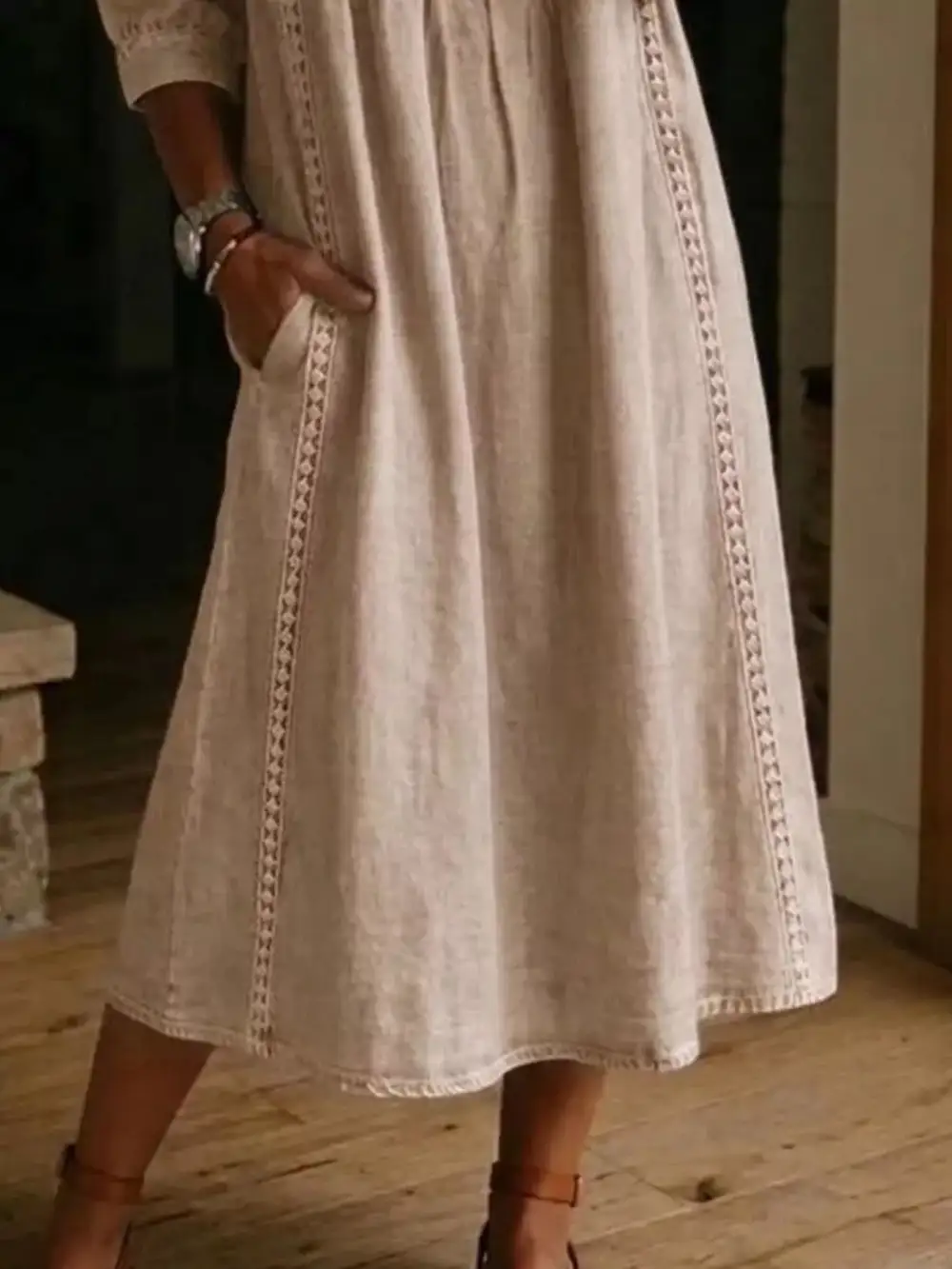 V-Neck Three-Quarter Sleeve Midi Dress