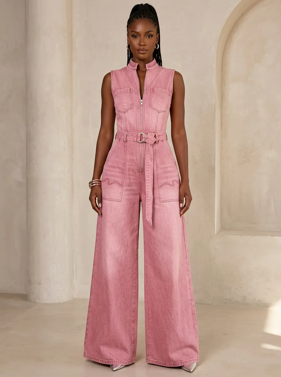 Pink Refined Sleeveless Zip-Front Denim Jumpsuit