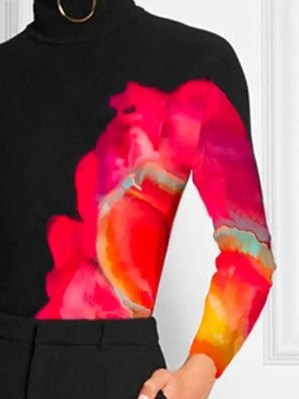 Long Sleeve Slim Fit Contrast Print High Neck T-Shirt