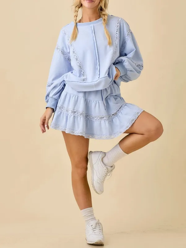 Blue Lace Cotton Blend Ruffle Skirts