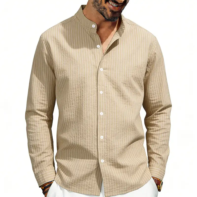 Men's Striped Stand-up Collar Shirt Linen-Cotton Blend With Button Placket