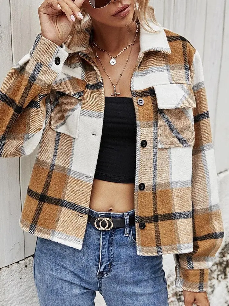 Relaxed Collared Plaid Pocketed Jacket