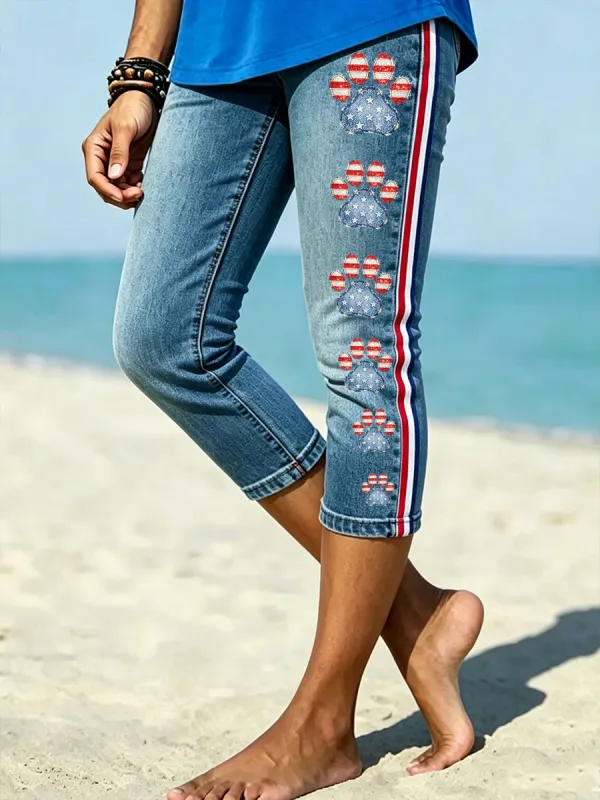 Women's American Paw Print Denim Pattern Leggings