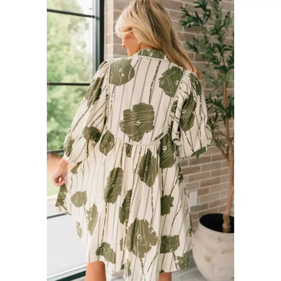 Soft Everyday Tie Neck Three-Quarter Sleeve Mini Dress