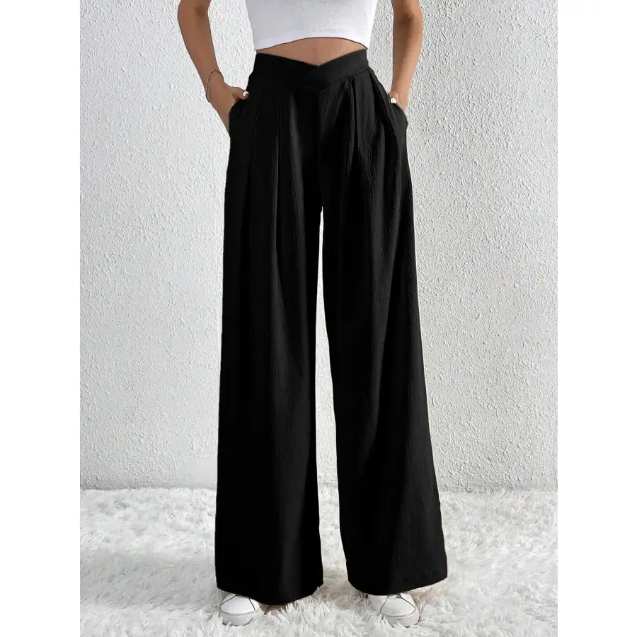 V Waisted Ruched Front Wide Leg Pants