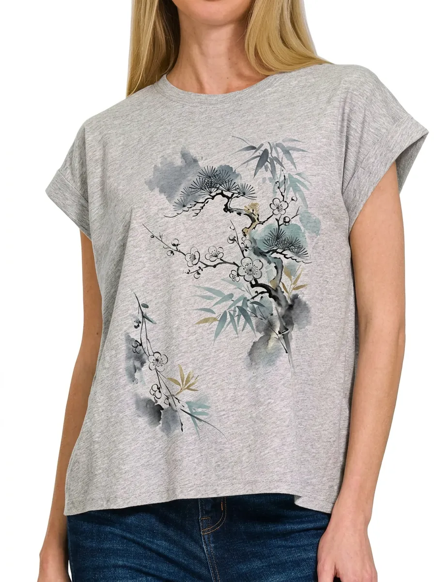 Women's Asian Art Lover Plum Blossom Bamboo Printed T-shirt