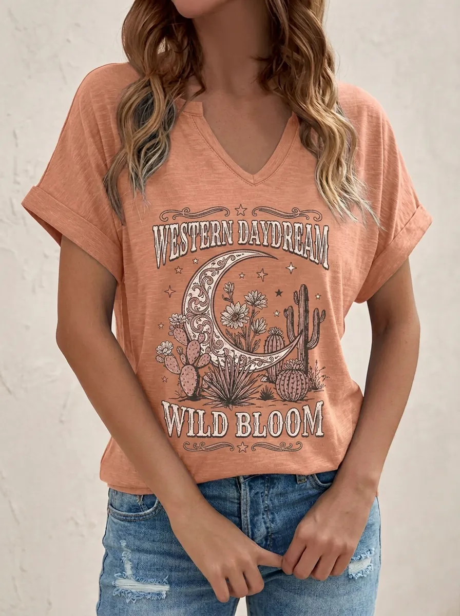 Women's Western Desert Moon Cactus Floral Printed V-Neck T-Shirt