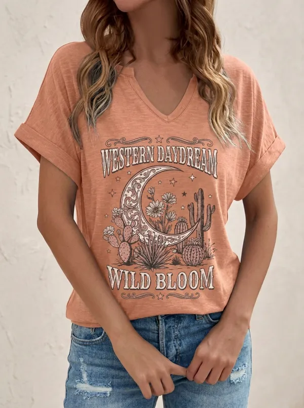 Women's Western Desert Moon Cactus Floral Printed V-Neck T-Shirt
