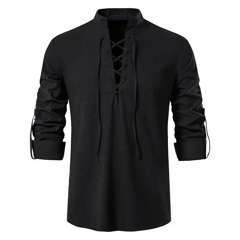 Men's Casual Lace-up Shirt With Stand-up Collar Linen-Cotton Blend And Roll-up Sleeve Tabs