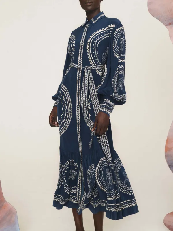 Ocean Print Lace Up Single Breasted Midi Dress