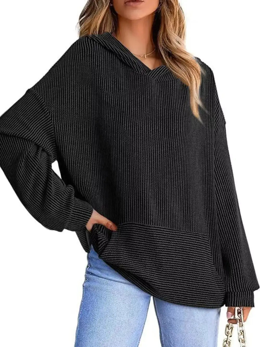 Pocketed Oversized Ribbed Hoodie