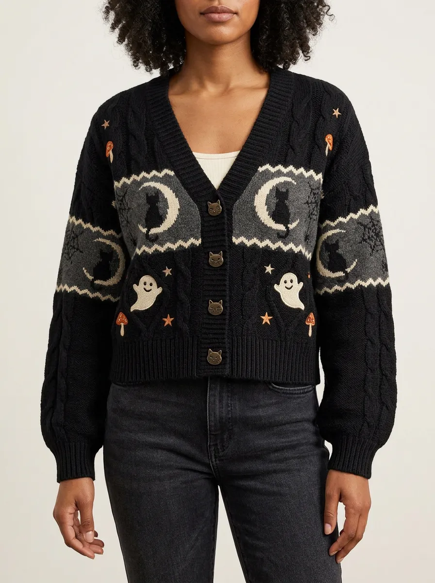Women's Halloween Ghost Cat Mushroom Moon Pattern Knitted Cardigan