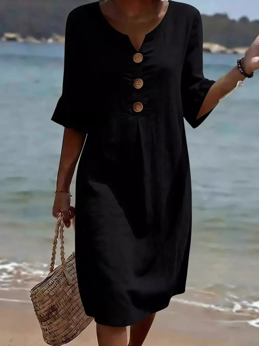 Button Decor Ruffle Sleeve Midi Dress