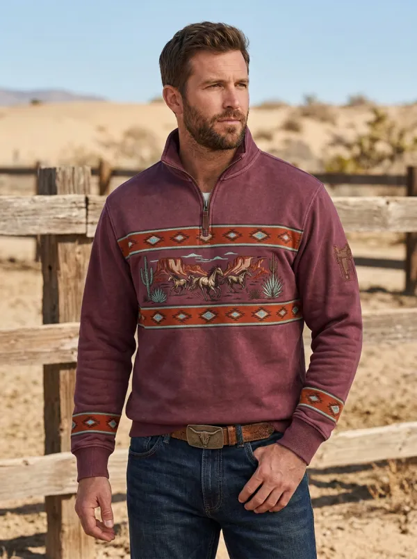 Men's Ranch Inspired Western Cowboy Horse Desert Quarter-Zip Sweatshirt