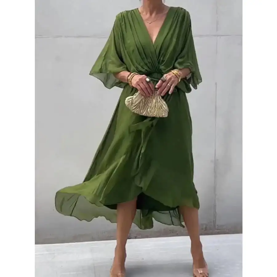 Full Size Flowy Tie Front Midi Dress with Flutter Sleeves Plus Size