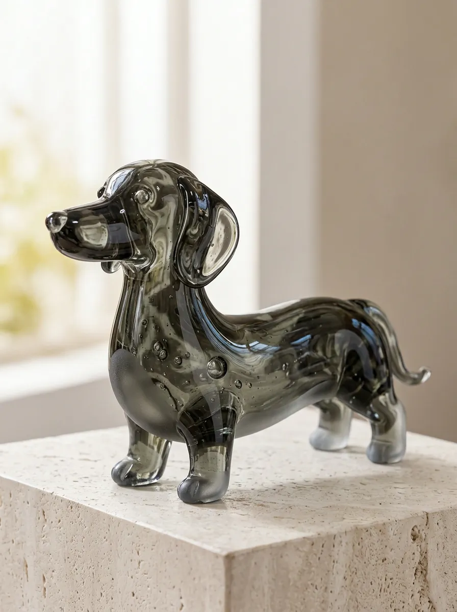 Grey Handblown Dachshund Glass Figurine
