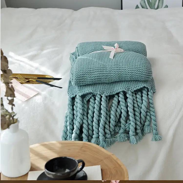Tassel Waffle Knit Throw Blanket