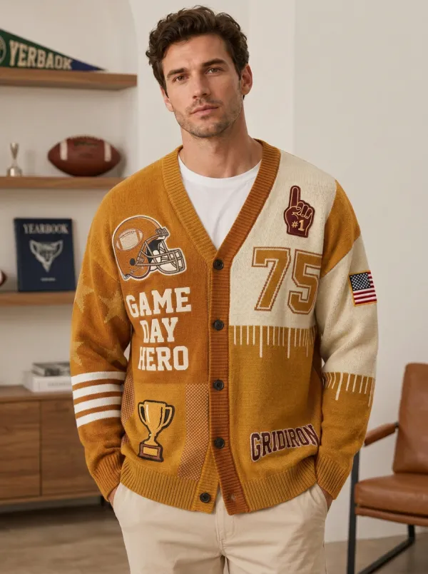Men's Football Game Day Hero Patchwork Knit Knit Cardigan