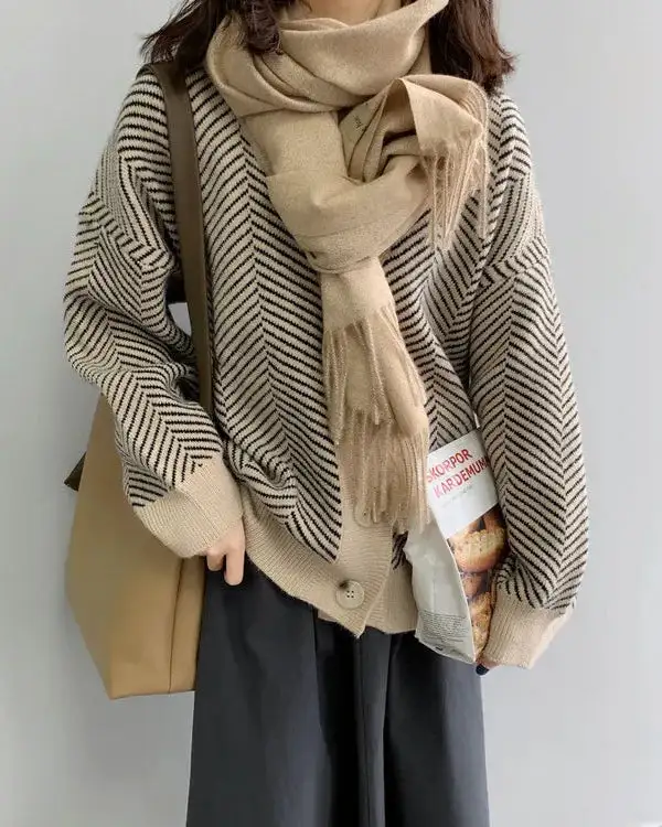 Acrylic-Blend Polyester-Blend V-Neck Oversized Cardigan