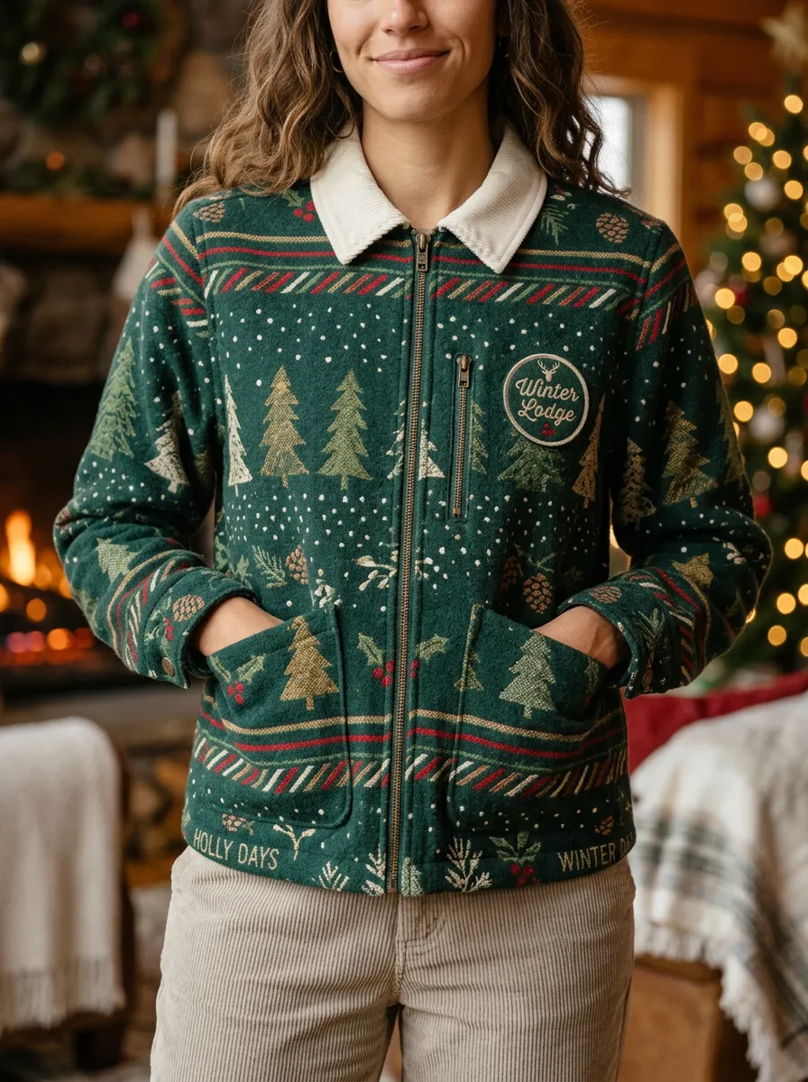 Christmas Winter Lodge Pine Tree Print Zip-up Jacket